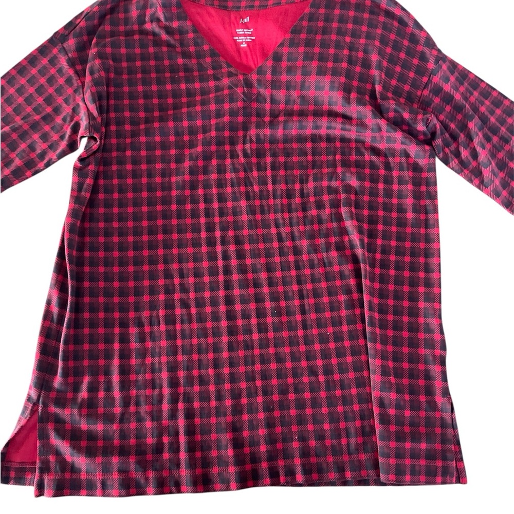 J. Jill Red and Black Checkered V-Neck Tunic
